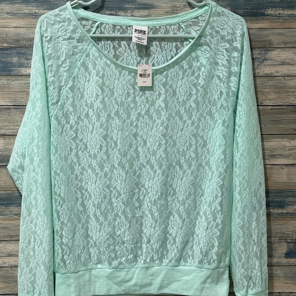NWT VICTORIA’S SECRET PINK All Lace Long Sleeve Top Shirt Women’s SMALL S Mint